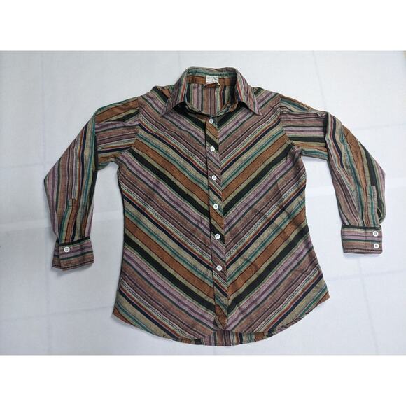 Vtg Retro 60s 70s Funky Multicolor Stripe Pattern Button-Down Shirt Top Blouse - Picture 1 of 7